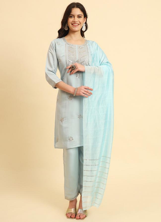 Silk Blend Sky Blue Casual Wear Embroidery Work Readymade Kurti Set